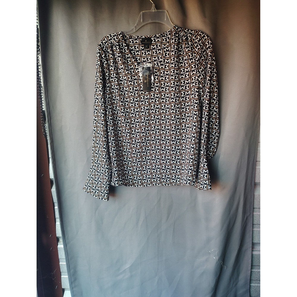 Worthington Womens Monogram Geometric Print V-Neck Long Sleeve Blouse Black Tan